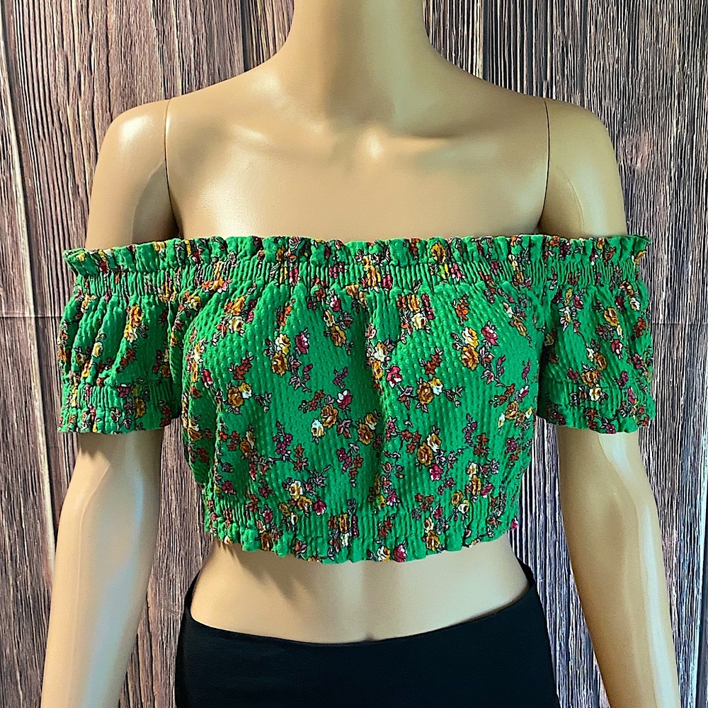Topshop size 8 bright green & pink floral summer boho crop top